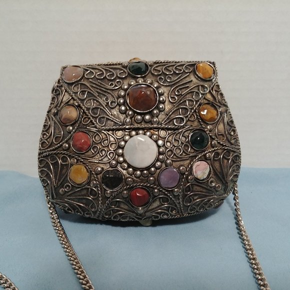 Sajai Handbags - Vtg Sajai Ornate Metal & Semi Precious Stone Purse